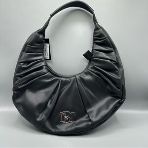 Badgley Mischka Black Vegan Leather Pleats Moon Bag